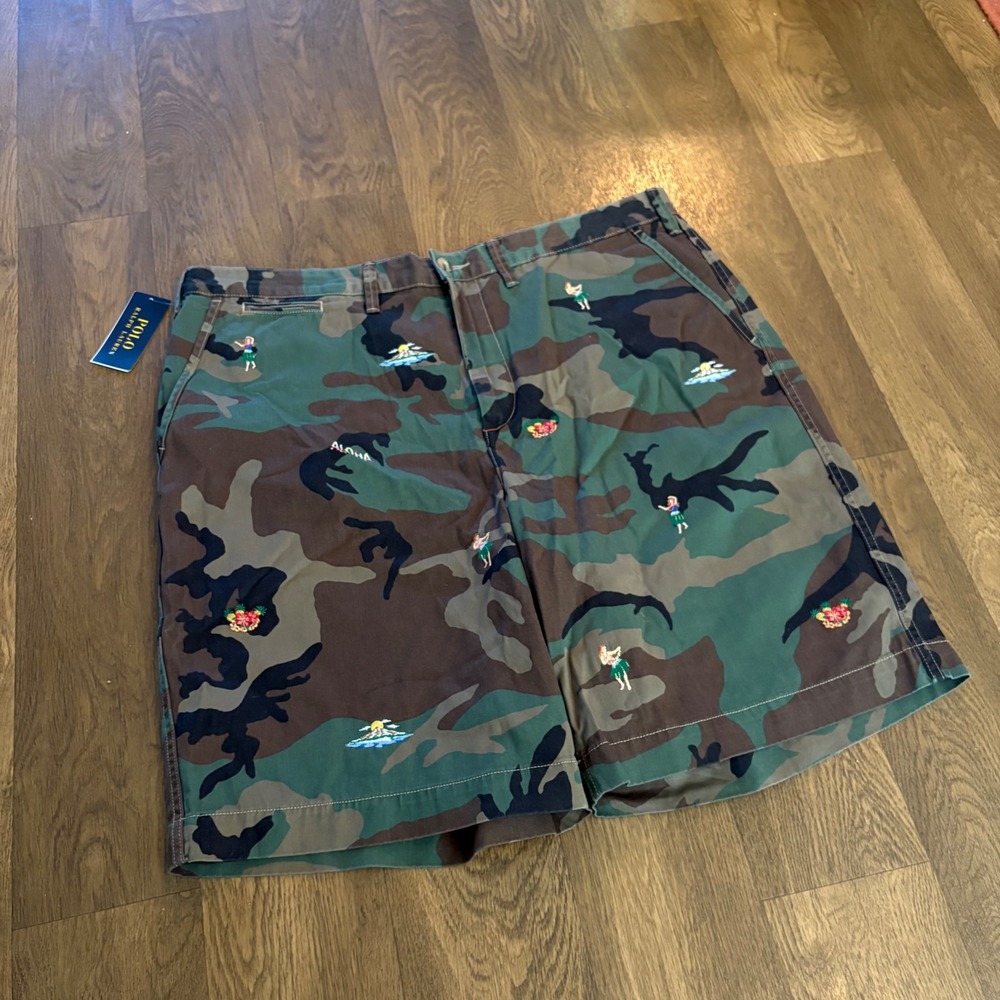 NWT Polo Ralph Lauren Preppy Camo Hawaiian Girl Embroidered Relaxed Shorts